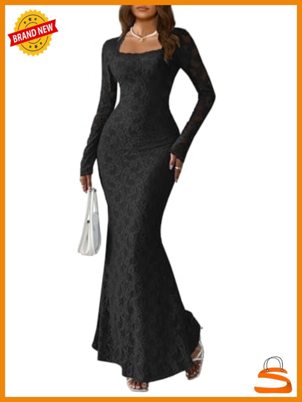 Square Neck Long Sleeve Maxi Dress Wedding Guest Lace Formal Gown